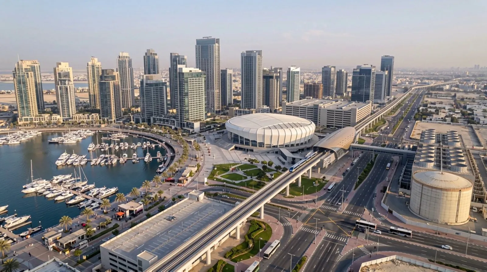 Aerial view of a waterfront district with towers, a marina, a round arena, an elevated metro line and a district cooling plant.