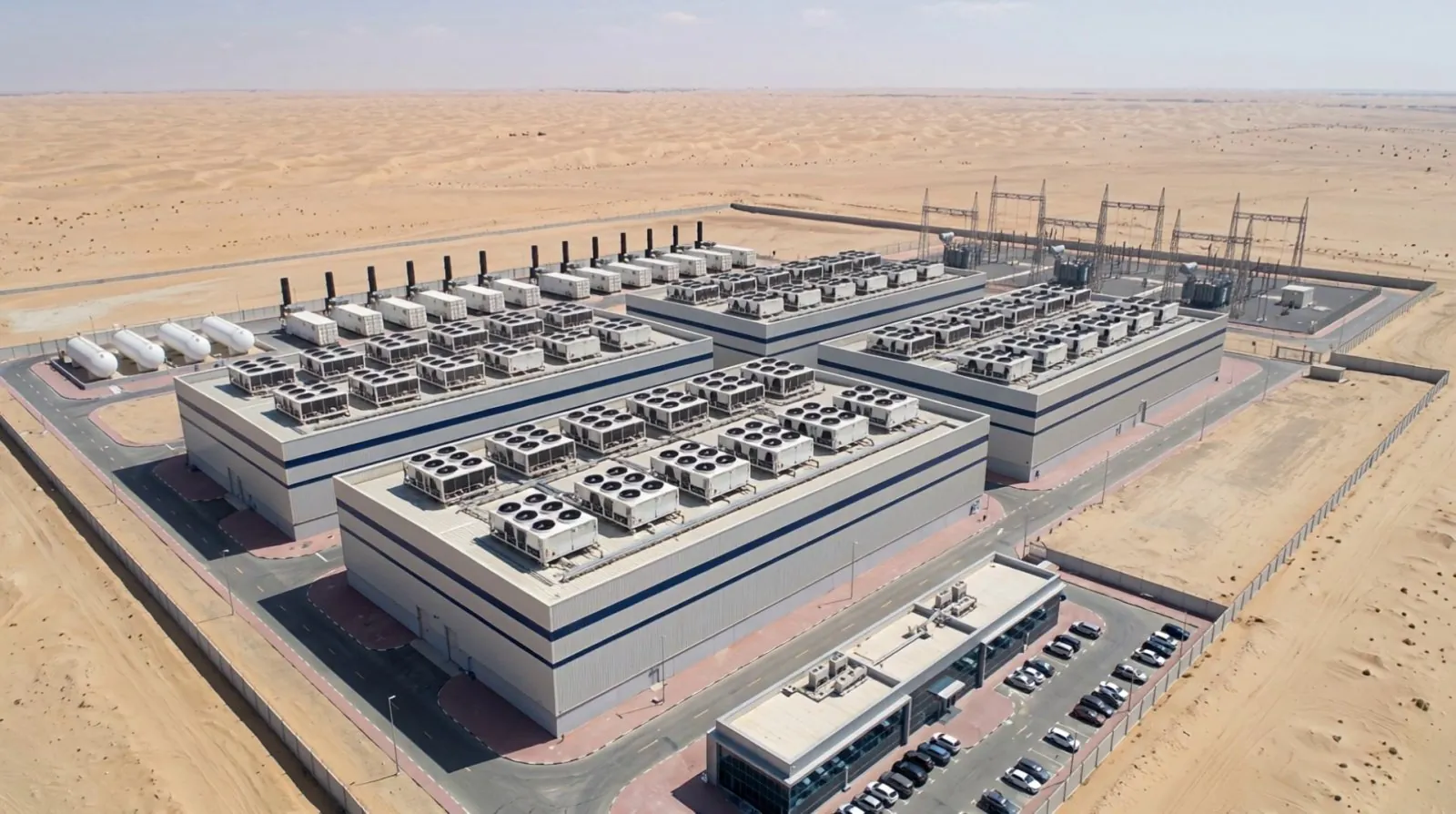 Aerial view of a desert data centre campus with four data halls, rooftop chillers, a generator row and a substation.