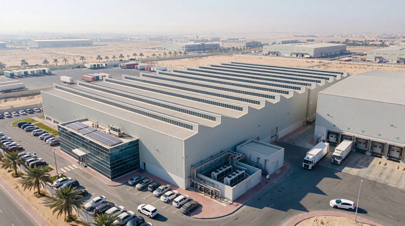 Aerial view of a brake-components plant with a sawtooth-roof production hall, an office block, a utility yard and a loading dock with trucks.