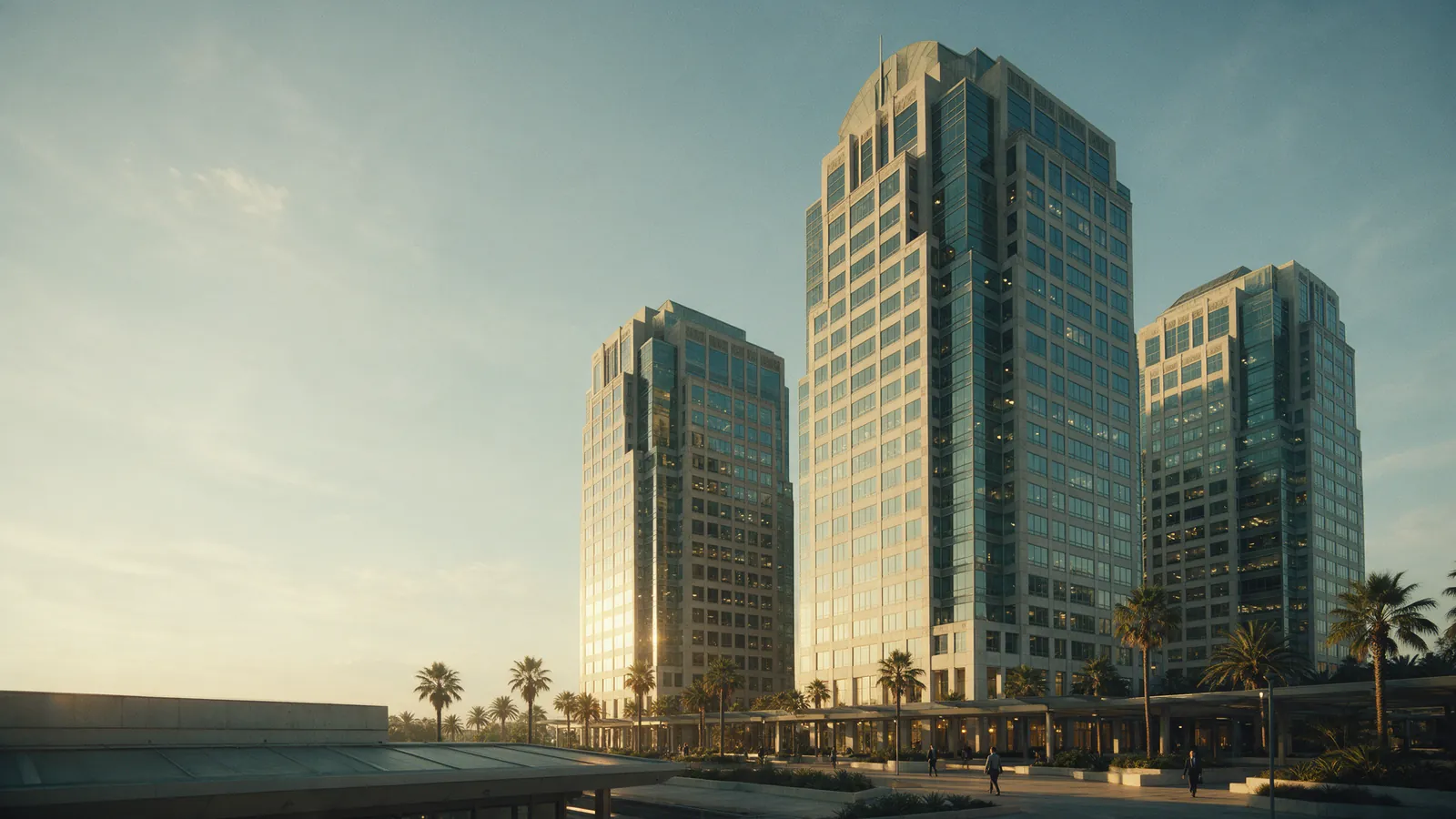 Three office towers around a palm-lined plaza at sunset.