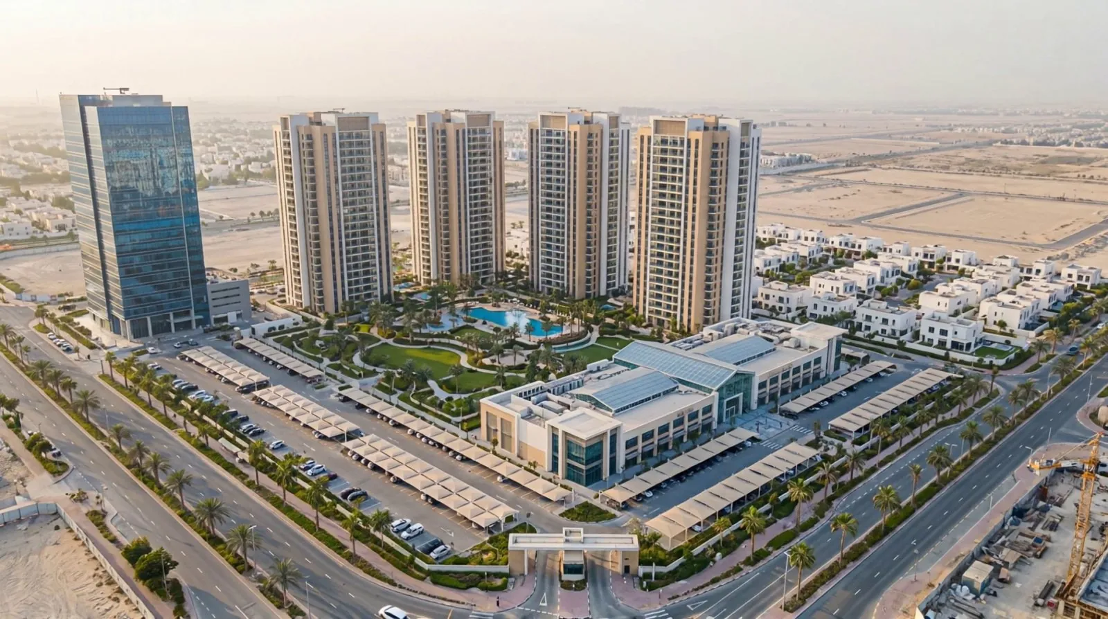Aerial view of a residential community with four apartment towers, a glass office tower, a pool garden, a community mall, villas and a gated entrance.