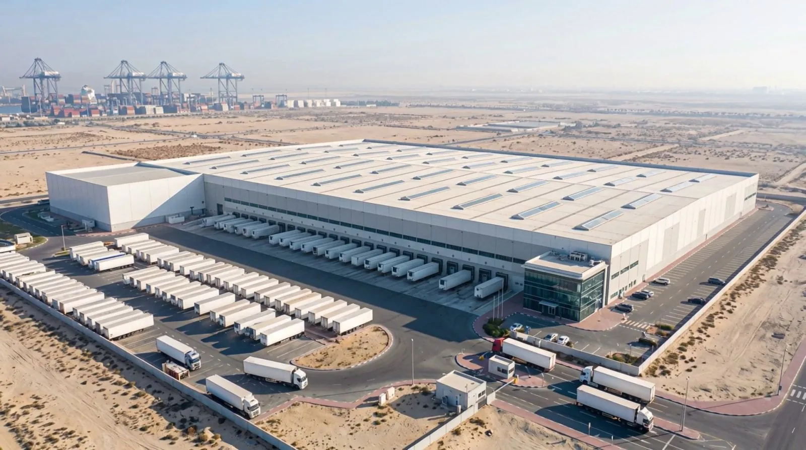 Aerial view of a desert logistics hub with a long dock face lined with trailers, a truck yard, trucks queuing at the gate and port cranes on the horizon.