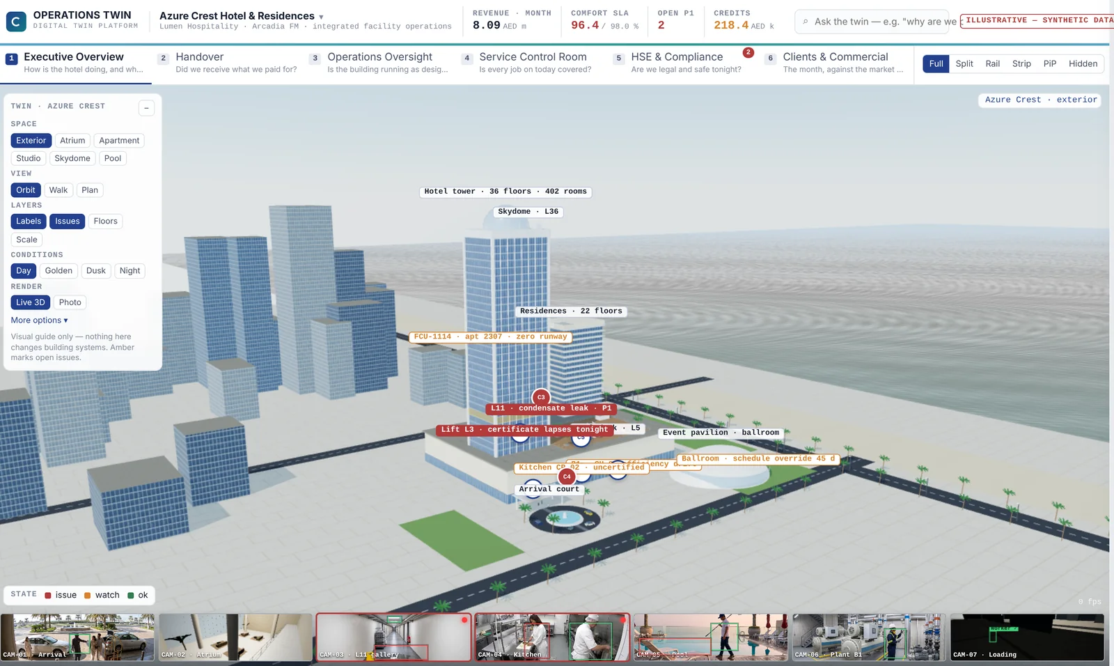 The hotel twin in full 3D: the tower, residences, ballroom and arrival court, with issues pinned to their locations.